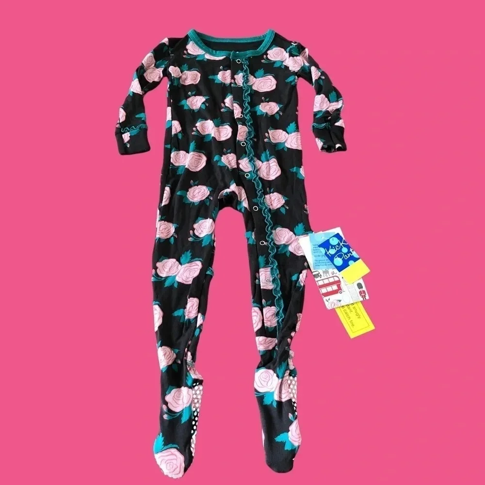 NWT Kickee Pants 12-18 month Muffin Ruffle Footie with snaps English Rose Bamboo